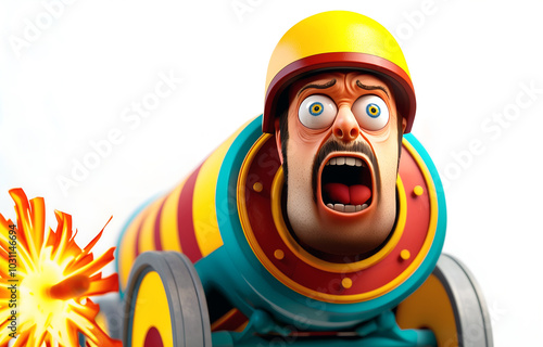 Scared stuntman in circus cannon with explosive background ready to be fired photo