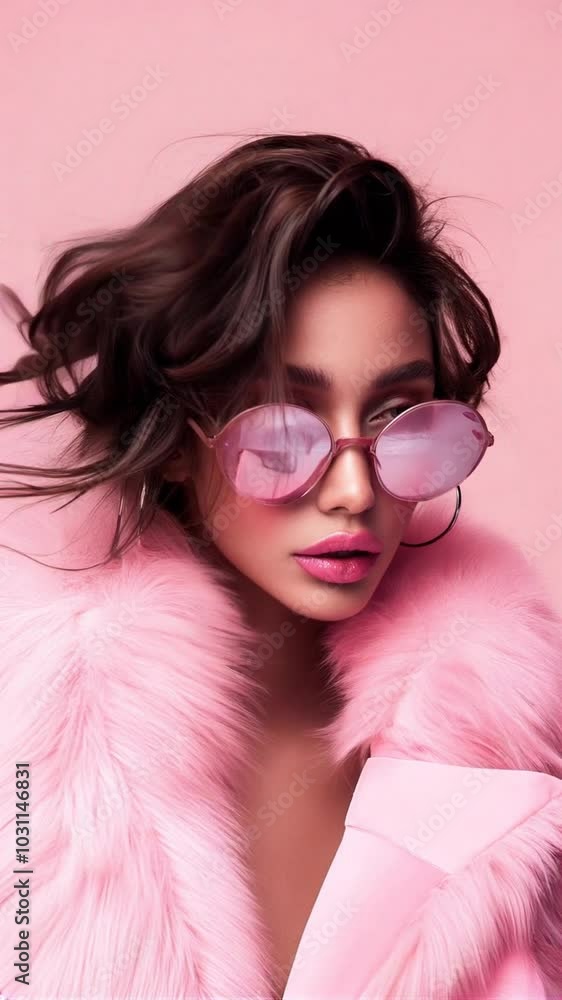 Stylish model showcasing pink sunglasses and fluffy outerwear against a soft pink background in a modern fashion shoot Stylish model showcasing pink sunglasses and fluffy outerwear against a soft pink background in a modern fashion shoot