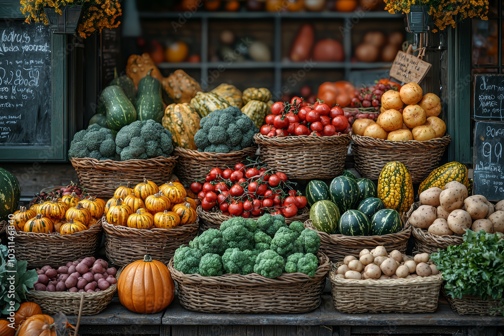A cornucopia of fall vegetables like pumpkins, squash, and sweet potatoes at a local market, celebrating the abundance of the harvest. Concept of abundance. A cornucopia of fall vegetables like pumpkins, squash, and sweet potatoes at a local market, celebrating the abundance of the harvest. Concept of abundance.