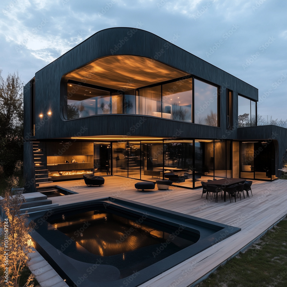 a sophisticated modern home during the evening, showcasing its unique architectural design characterized by fluid curves and expansive glass windows. Clad in striking dark ribbed material, distinctive a sophisticated modern home during the evening, showcasing its unique architectural design characterized by fluid curves and expansive glass windows. Clad in striking dark ribbed material, distinctive
