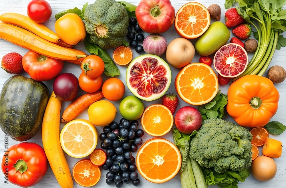 A colorful flat lay of fresh fruits and vegetables, showcasing healthy eating with bright, vibrant colors. A colorful flat lay of fresh fruits and vegetables, showcasing healthy eating with bright, vibrant colors.