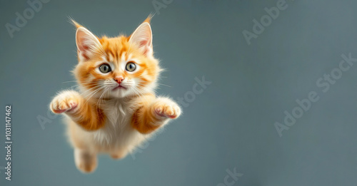 Red kitten jumping on grey green background. Young cute ginger little kitty. Cute funny home pets. Domestic animals concept.Banner with free space for text.