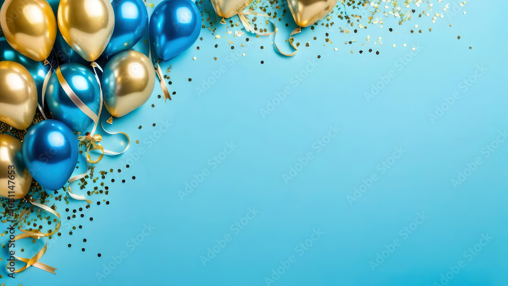Golden and blue glitter balloon on pastel background for design.Helium balloons, confetti and ribbons greeting card. Birthday party banner, celebration anniversary concept with copy space. Golden and blue glitter balloon on pastel background for design.Helium balloons, confetti and ribbons greeting card. Birthday party banner, celebration anniversary concept with copy space.