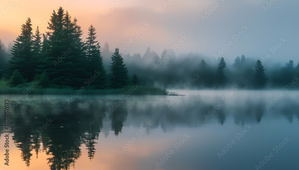 A fog-covered lake in the early morning light, with mist swirling above the water and a dense forest of evergreens reflected on the surface. A fog-covered lake in the early morning light, with mist swirling above the water and a dense forest of evergreens reflected on the surface.