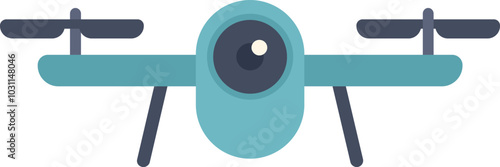 Modern blue drone with camera taking aerial photos and videos, unmanned aerial vehicle with high resolution camera, flat style vector illustration isolated on white background