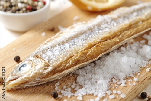 Dried Fish on a Cutting Board with Salt and Herbs photo