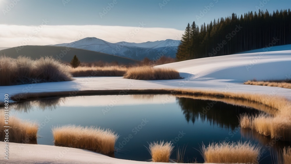 A peaceful Rural winter landscape featuring a frozen pond surrounded by frost-covered grasses and snowy fields. The soft morning light illuminates the serene countryside, with distant mountains adding A peaceful Rural winter landscape featuring a frozen pond surrounded by frost-covered grasses and snowy fields. The soft morning light illuminates the serene countryside, with distant mountains adding