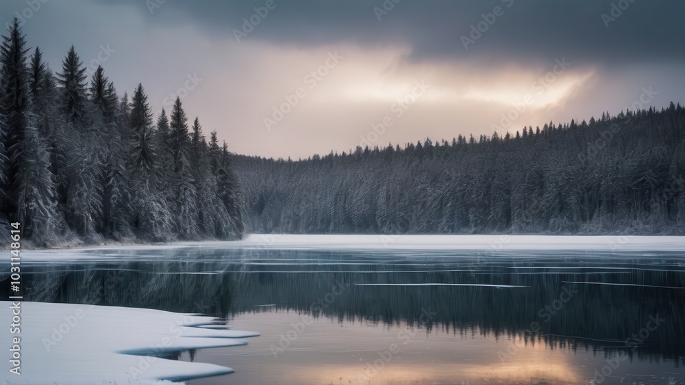 Fototapeta premium A tranquil Rural winter landscape featuring a frozen lake with icy reflections of a dense forest. The soft glow of the evening light on the treetops adds warmth to the cold, frosty scene, creating a p