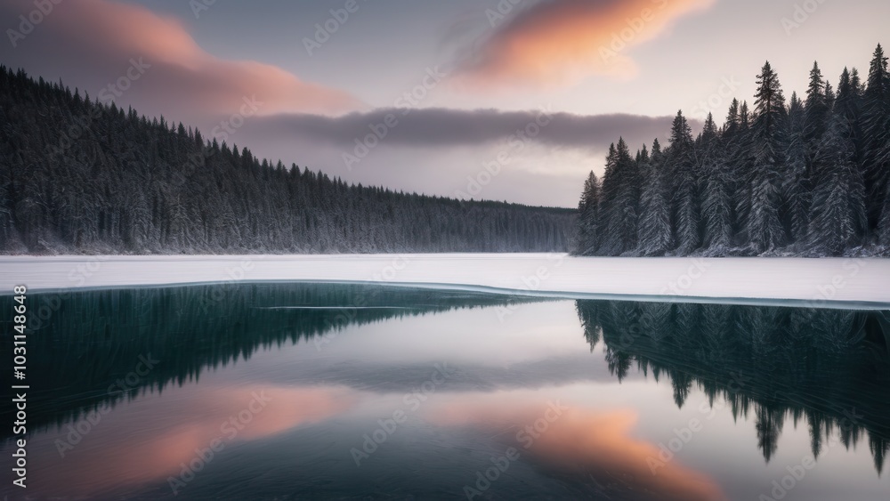 Fototapeta premium A tranquil Rural winter landscape featuring a frozen lake with icy reflections of a dense forest. The soft glow of the evening light on the treetops adds warmth to the cold, frosty scene, creating a p