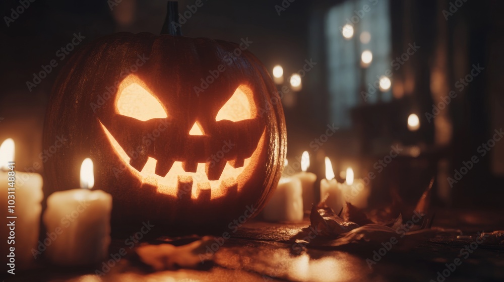 Halloween-themed pumpkins, one with a classic smile and the other with a skull design, surrounded by autumn leaves and a cozy setting. Halloween-themed pumpkins, one with a classic smile and the other with a skull design, surrounded by autumn leaves and a cozy setting.