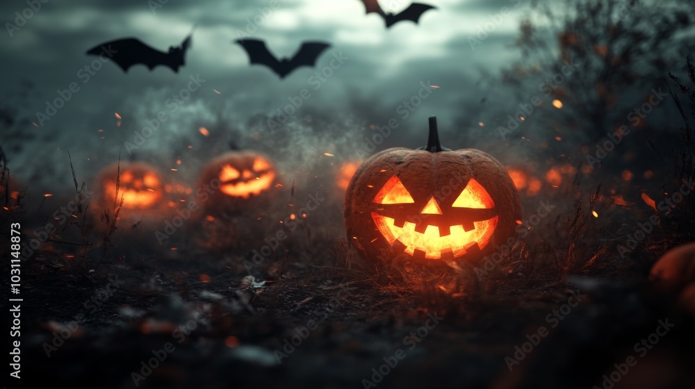 Glowing jack-o'-lantern sits in a spooky forest with bats flying overhead, creating an eerie Halloween atmosphere. Glowing jack-o'-lantern sits in a spooky forest with bats flying overhead, creating an eerie Halloween atmosphere.