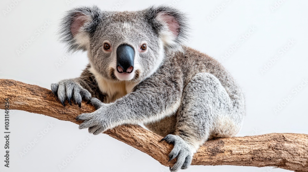 Naklejka premium Hyperealistic Koala in Flight - High Contrast Studio Photography on White Background