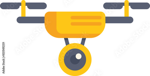 Yellow drone with camera hovering, ready to film