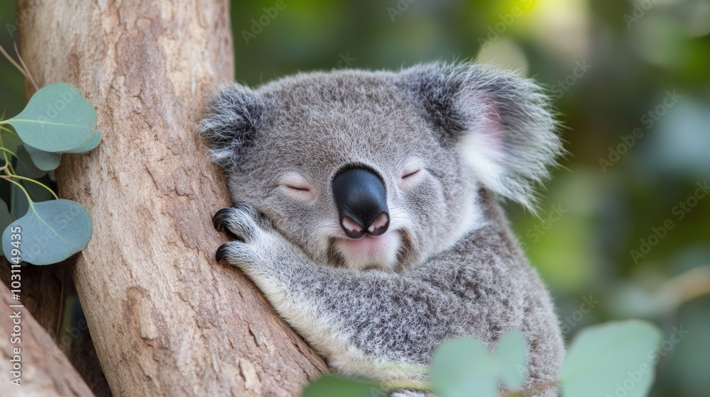 Naklejka premium A sleepy koala bear hugging a tree trunk with its eyes closed.