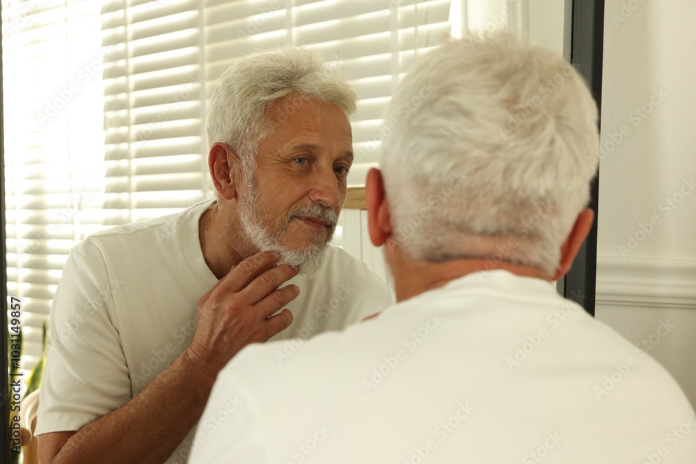 Senior man looking in mirror at home Senior man looking in mirror at home