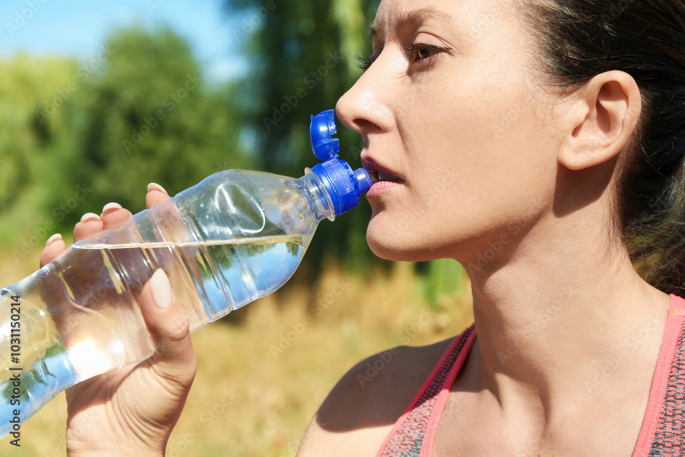 Woman drinking tasty soda water outdoors, closeup Woman drinking tasty soda water outdoors, closeup