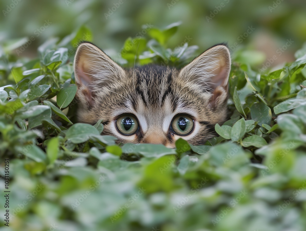A playful kitten peeking through lush greenery in a serene garden during bright daylight hours, funny little spy A playful kitten peeking through lush greenery in a serene garden during bright daylight hours, funny little spy
