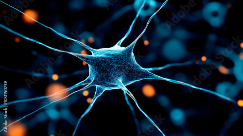 A detailed close-up view of a neuron, showcasing its intricate structure and connections. The vibrant colors highlight the complexities of neural networks in the human body. photo