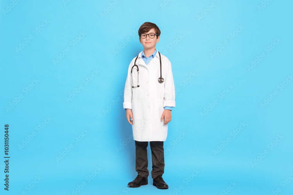 Boy with stethoscope pretending to be doctor on light blue background. Dreaming of future profession Boy with stethoscope pretending to be doctor on light blue background. Dreaming of future profession