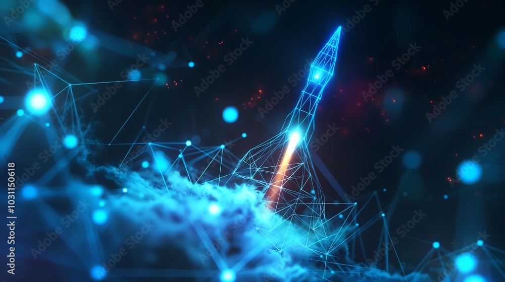 Digital illustration of a rocket launching with glowing blue lines and abstract connections Digital illustration of a rocket launching with glowing blue lines and abstract connections