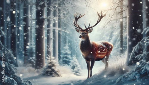Noble deer male in winter snow forest. Artistic winter christmas landscape