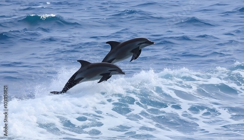 Playful dolphins jumping over breaking waves. Hawaii Pacific Ocean wildlife scenery. Marine animals in natural habitat.