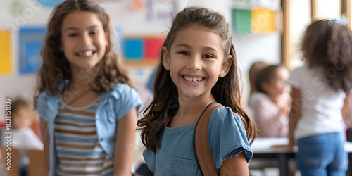 Smiling girls in elementary school classroom, Happy schoolgirls in classroom environment, back to school, students eagerly entering school on the first day back