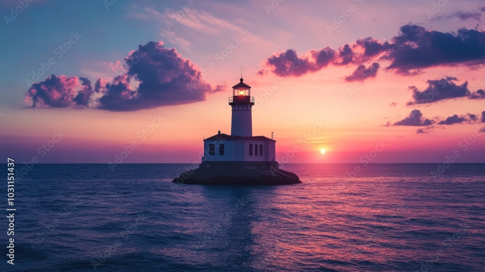 A lone lighthouse stands on a rocky island in the middle of the sea, with a stunning sunset in the background. A lone lighthouse stands on a rocky island in the middle of the sea, with a stunning sunset in the background.