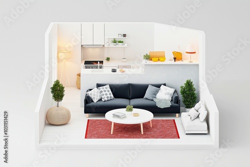 This image depicts a sleek, modern living room featuring a dark sofa, white table, and red rug, accented with green plants and minimalist shelving and decor elements.