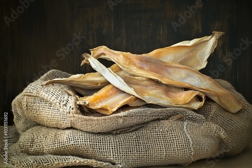 Pile of Dried Fish on a Rough Burlap Sack photo