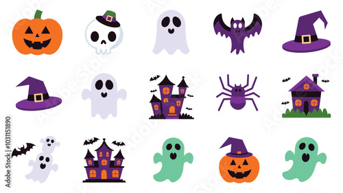 Colorful Halloween icons featuring pumpkins, ghosts, bats, witches' hats, and haunted houses create a spooky and festive atmosphere.