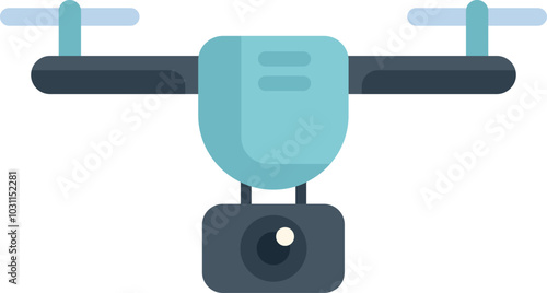 Modern blue drone taking pictures with its integrated camera, unmanned aircraft piloting and filming