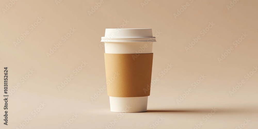 A stylish disposable coffee cup with a simple design. Perfect for cafes and coffee shops. The cup sits against a warm beige background. Ideal for branding and advertising. AI. A stylish disposable coffee cup with a simple design. Perfect for cafes and coffee shops. The cup sits against a warm beige background. Ideal for branding and advertising. AI.