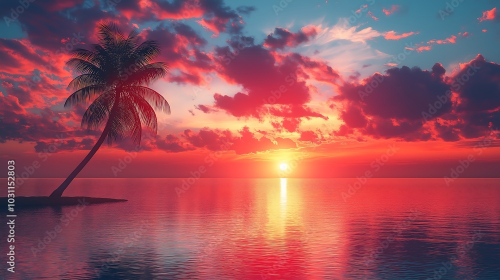 Sunrise silhouette of a sugar palm tree with clouds creates a beautiful color effect in the sky ideal for a copy space Sunrise silhouette of a sugar palm tree with clouds creates a beautiful color effect in the sky ideal for a copy space