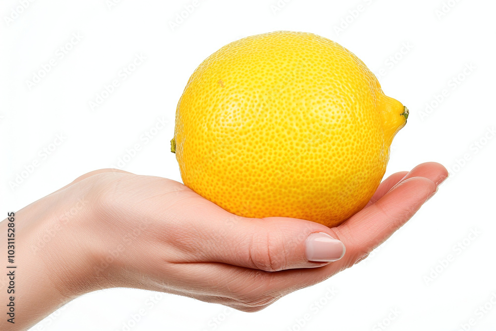 Female hand holding lemon on white background. Concept template health care, cold treatment with vitamins and superfood Female hand holding lemon on white background. Concept template health care, cold treatment with vitamins and superfood