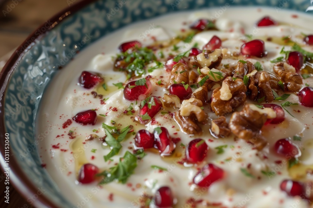 Chiles en Nogada: Chiles en nogada served with pomegranate seeds and walnut sauce Chiles en Nogada: Chiles en nogada served with pomegranate seeds and walnut sauce