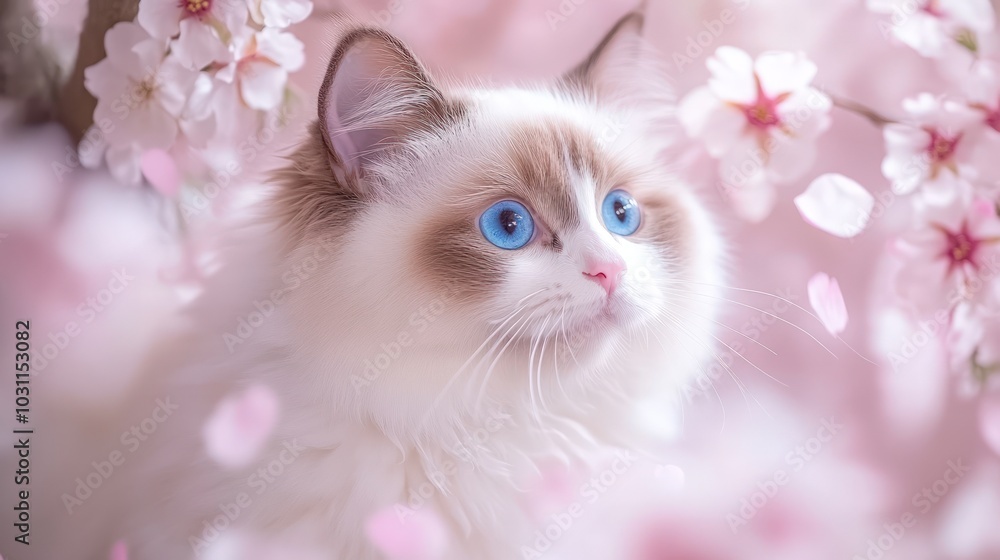 A white cat with blue eyes sits in a pink cherry blossom tree. A white cat with blue eyes sits in a pink cherry blossom tree.