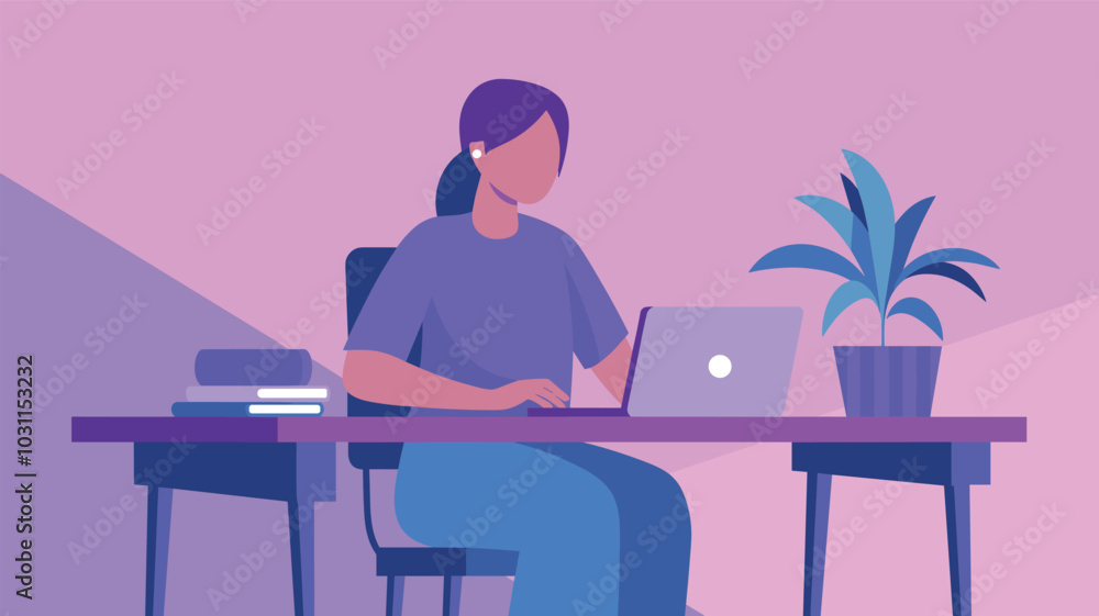 A woman working on a laptop at a desk in a minimalist home office with pastel colors and a potted plant nearby. A woman working on a laptop at a desk in a minimalist home office with pastel colors and a potted plant nearby.