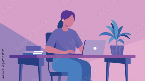 A woman working on a laptop at a desk in a minimalist home office with pastel colors and a potted plant nearby.