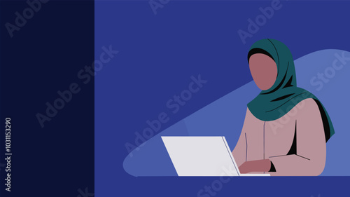 Illustration of a woman in a green hijab working on a laptop against a modern blue background.