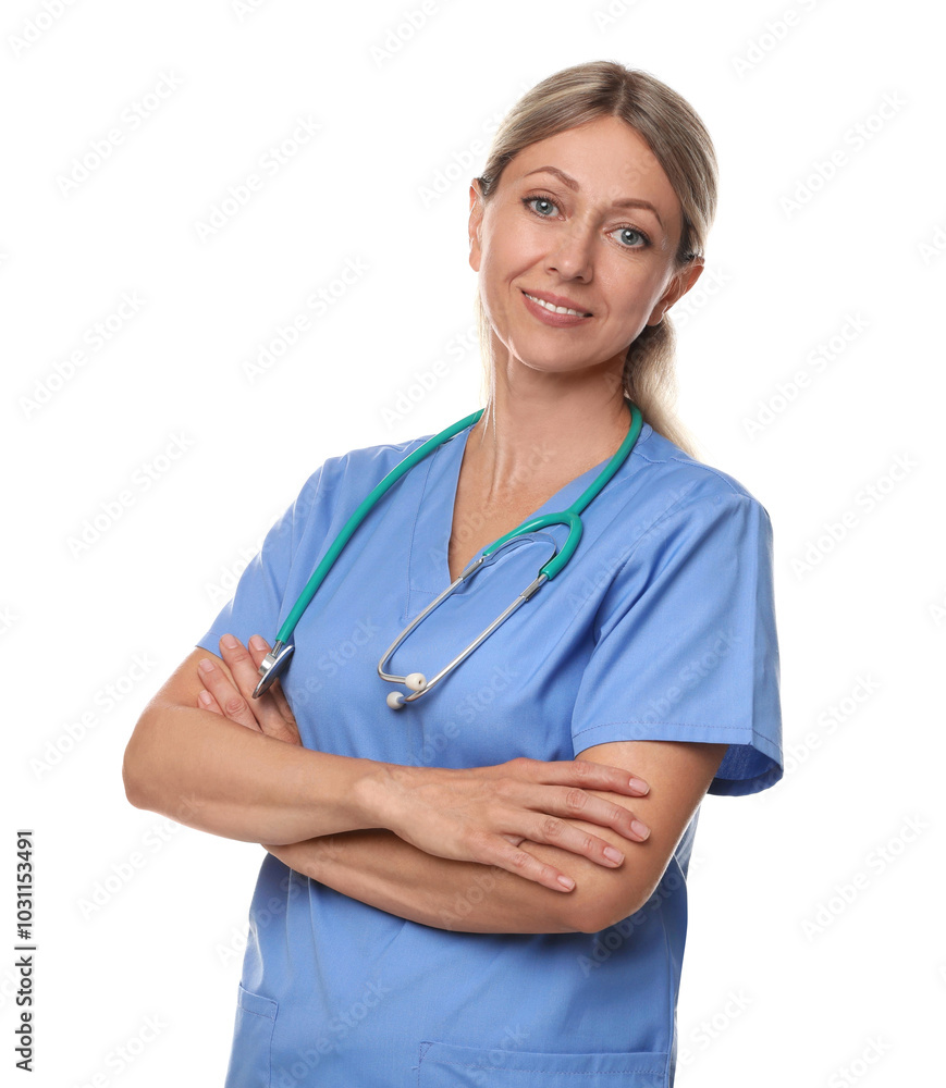 Portrait of doctor in medical uniform with stethoscope isolated on white Portrait of doctor in medical uniform with stethoscope isolated on white