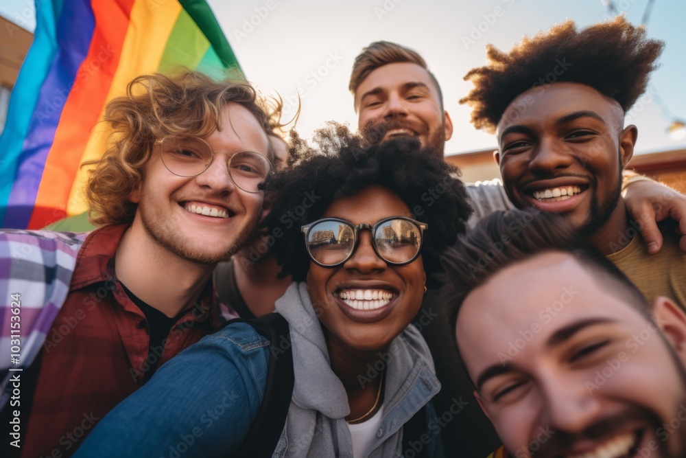 Diverse group of gay guys taking a selfie outdoors Diverse group of gay guys taking a selfie outdoors