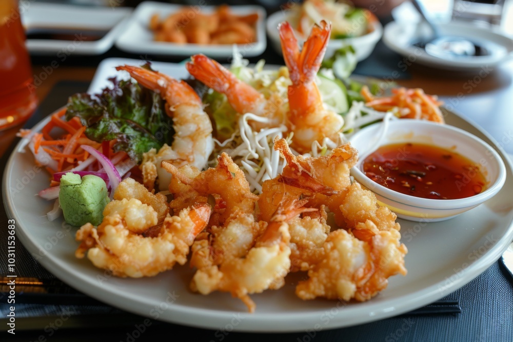 Tempura: A plate of crispy tempura vegetables and shrimp with dipping sauce Tempura: A plate of crispy tempura vegetables and shrimp with dipping sauce