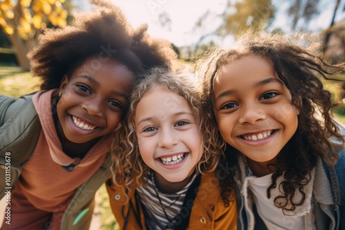 Smiling diverse group of kids taking selfie outdoors