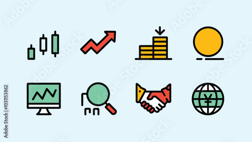 Colorful financial icons illustrating stock market trends, investment growth, currency, and global finance on a light background.
