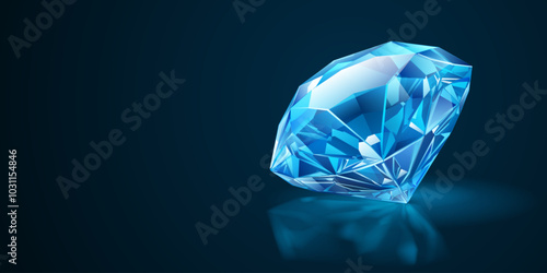 Faceted blue gemstone with multiple reflective surfaces, with shadow and reflect, set against a dark background.
