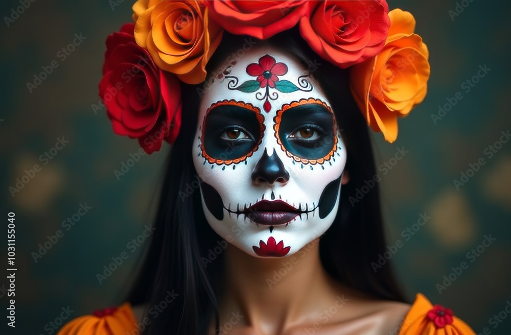 Colorful Día de los Muertos celebration with woman in traditional attire and vibrant sugar skull makeup