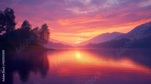 A tranquil lakeside scene at sunset, with calm waters reflecting the fiery orange and purple hues of the sky. Silhouetted trees line the shore, adding depth to the picturesque landscape.