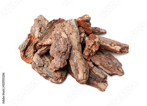 Pieces of tree bark on white background