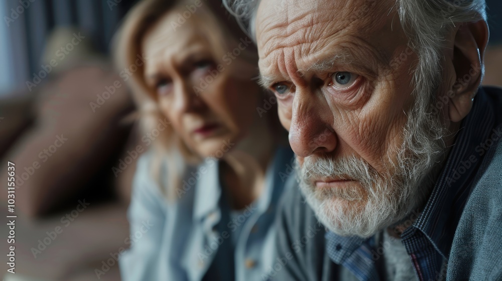 Elderly couple experiencing tension and frustration after a disagreement, resulting in a silent treatment on their living room couch Elderly couple experiencing tension and frustration after a disagreement, resulting in a silent treatment on their living room couch
